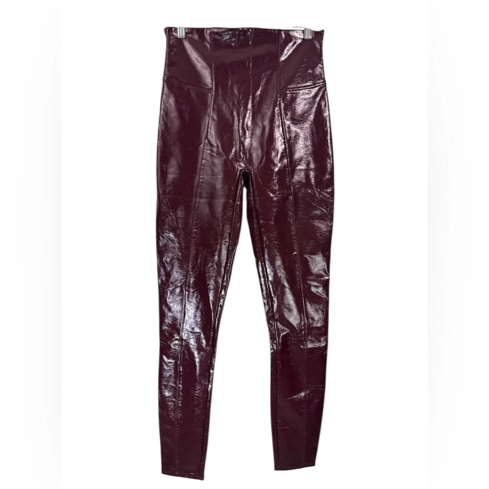 SPANX Faux Patent Leather Leggings Size L Burgundy Liquid Gloss Slim Fit - Picture 4 of 11
